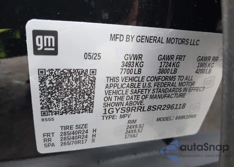 2025 Cadillac Escalade Esv Sport Platinum из США, поврежденный, VIN 1GYS9RRL8SR296118